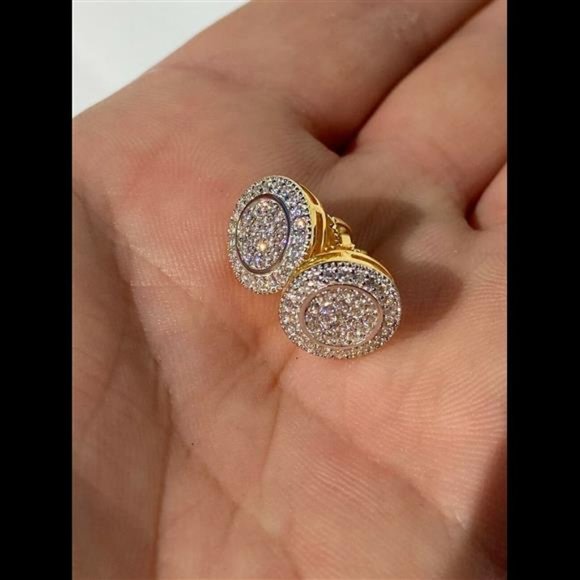 COPY - Real Solid 925 Silver Iced CZ Hip Hop Men's Earrings Big Studs 14k Gold … - Picture 1 of 9